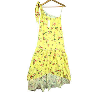 Paloma Blue Giselle Dress Womens Large Yellow Fleur One Shoulder Asymmetric Hem